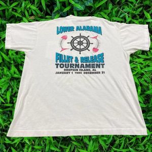 00s Fillet & Release Tournament Y2K Dauphin Island Alabama White Graphic Tee L